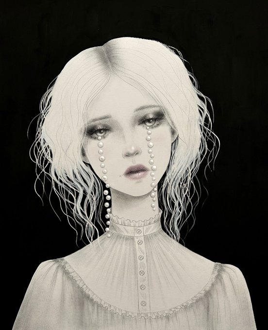 A detailed pencil-style illustration of a pale young girl with white hair and melancholic eyes, featuring distinctive strands of pearls cascading from her eyes like tears against a black background.