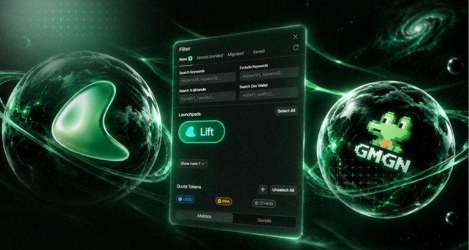 The image shows a stylized, futuristic interface with green cosmic orbs in the background and a central panel displaying "Lift" with options like "Filter," "New," "Airdrop Bonded," "Migrated," "Saved," "Launchpads," "Select All," "Show more," "Guide Tokens," "Unselect All," and tabs for "USDC," "Wsui," "ETH/SUI," along with "Metrics" and "Socials." A separate floating green sphere on the right prominently features the text "GMGN." 

This visual reinforces the post's message by highlighting the integration of GMGN with Lift V2 within the Arc launchpad ecosystem, tying the campaign and upcoming actions to the platform's expanding features.