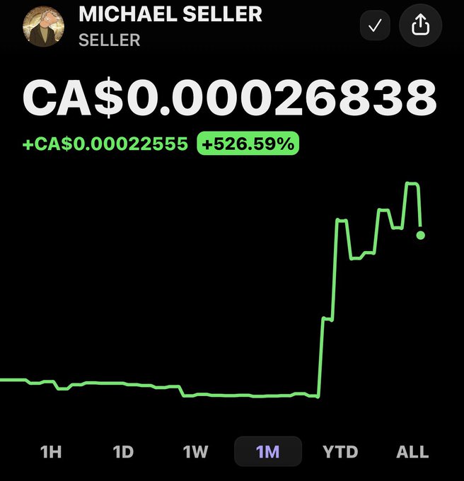 A stock chart screenshot showing 'MICHAEL SELLER' with a current price of CA$0.000026838 and a gain of +526.59%, displayed on a 1M timeframe with a green upward-trending line graph.