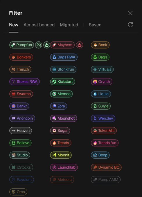 A mobile app filter screen showing cryptocurrency and token-related categories including Pumpfun, Mayhem, Bonk, Bags RWA, Virtuals, Liquid, Belive, Boop, and others.