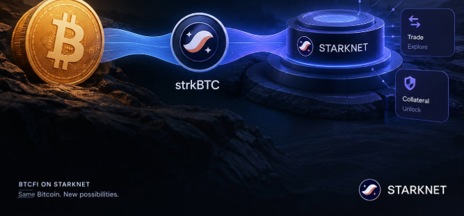 A promotional graphic showing a Bitcoin coin connecting to a 'strkBTC' token and then to a 'STARKNET' platform, with the text 'BTCFI ON STARKNET - Same Bitcoin. New possibilities.' and options to 'Trade/Explore' and use 'Collateral/Unlock'.