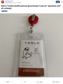 A screenshot of Elon Musk's tweet showing a Tesla employee ID badge labeled 'TOTALLY LEGITIMATE ESPIONAGE' with a SpaceX logo, replacing his previous profile picture.
