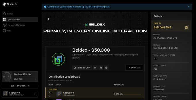 A screenshot of a Nucleus platform opportunity page for BELDEX featuring the tagline 'PRIVACY, IN EVERY ONLINE INTERACTION,' showing a $50,000 contribution campaign with 160 days 06h 40m remaining and a contribution leaderboard.