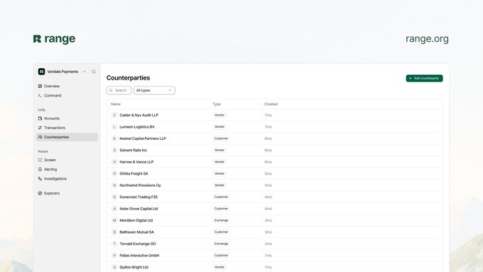A screenshot of a software interface for 'range' displaying a 'Counterparties' list with entries like 'Calder & Naya Audit LLP' and 'Solvent Rails Inc', alongside a left-side navigation menu including 'Command', 'Accounts', and 'Transactions'.