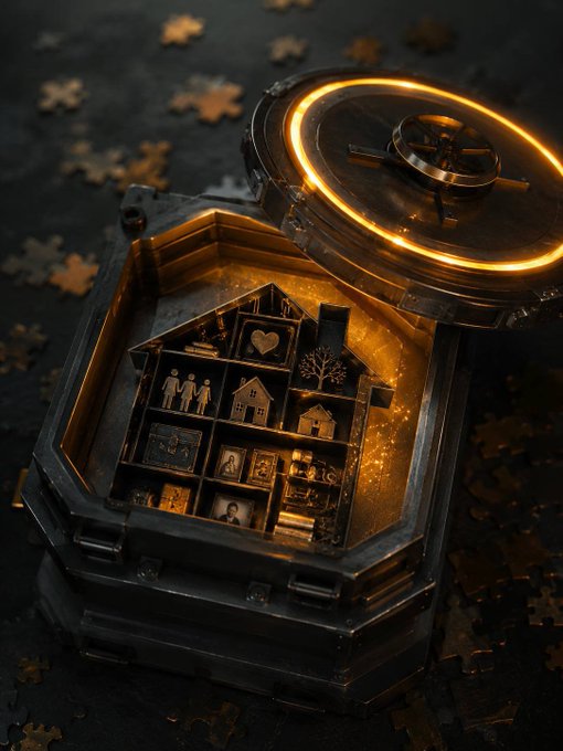 An ornate metal vault glows with golden light, its open lid revealing a miniature house-shaped compartment filled with tiny symbols representing family, memories, and home—evoking the concept of a "digital vault" preserving one's legacy. Scattered puzzle pieces in the background reinforce the message that whoever builds this secure digital legacy first will hold the key to protecting their family's future.
