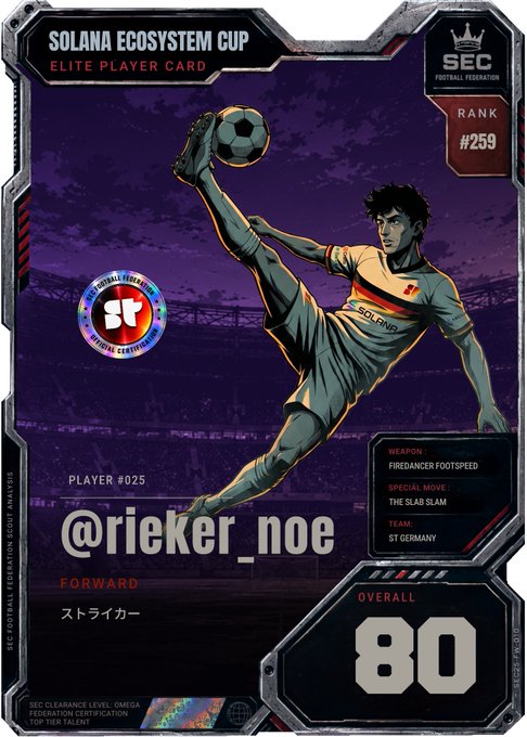 The image features a poster for a soccer game called "SOLANA ECOSYSTEM CUP". The poster includes a cartoon illustration of a soccer player kicking a ball, with the text "Incredible initiative by the @SolEcoCall See you on the pitch, Thursday, 2pm UTC Sign up via Luma below!" The image also contains a number "80" and a hashtag "#solanaecostcup".