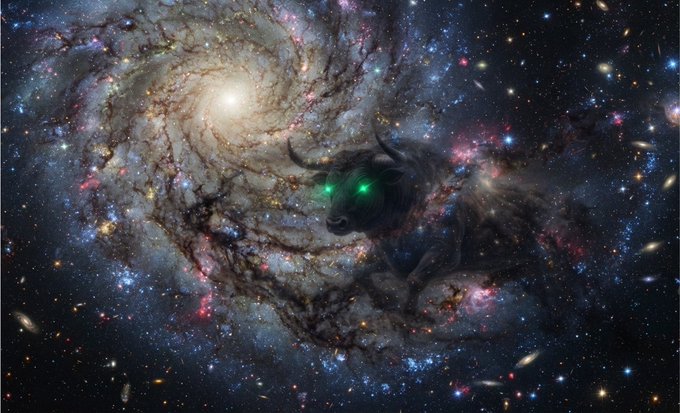 A surreal composite image showing a dark bull-like creature with glowing green eyes emerging from a spiral galaxy filled with stars and nebulae.