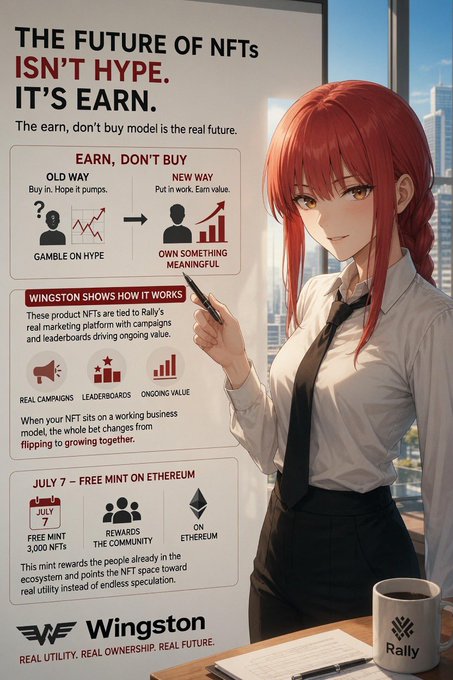 The image is a promotional infographic for Wingston ("WF") featuring an anime-style red-haired woman in a white shirt and tie pointing to the ad, with the headline "THE FUTURE OF NFTs ISN'T HYPE. IT'S EARN." It outlines the "Earn, Don't Buy" model, highlights a July 7 free mint of 3,000 NFTs on Ethereum, and ties rewards to "Rally's" real marketing platform—directly illustrating the post's message that NFTs should be earned through real work rather than speculation.