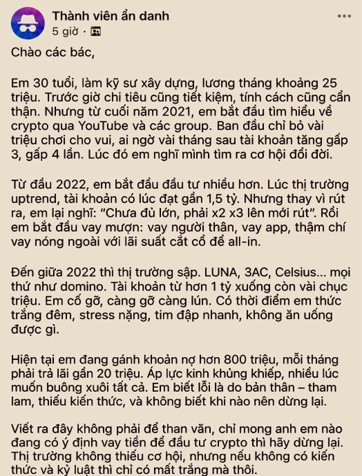 A Vietnamese Facebook post from 'Thành viên ẩn danh' (Anonymous member) describing a personal story of crypto trading losses, including how they turned 25 million VND into nearly 1.5 billion before losing most of it, now owing over 800 million VND.