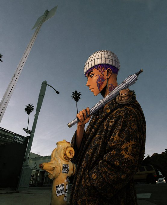 A stylized digital illustration depicts a person with purple hair, a white beanie, and face tattoos, wearing a patterned coat and carrying a rifle on their shoulder against an urban backdrop.