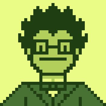 A pixel art portrait of a person with curly hair and glasses, wearing a green shirt and bow tie, on a light green background.
