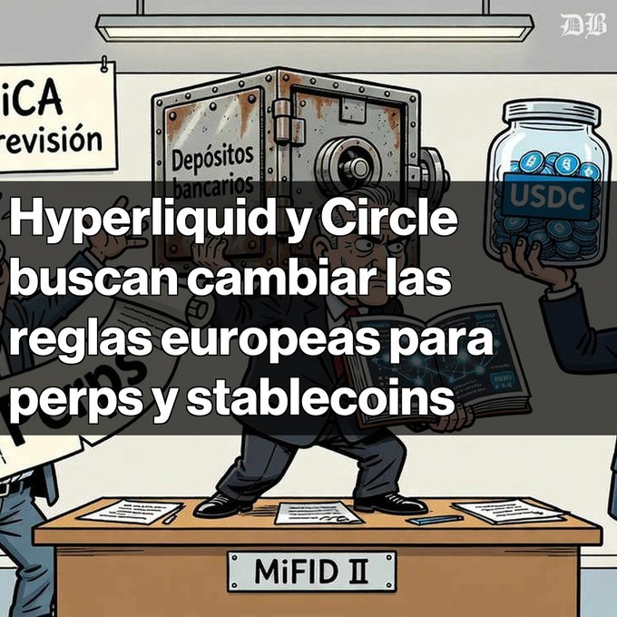 An illustrated editorial image with the Spanish text "Hyperliquid y Circle buscan cambiar las reglas europeas para perps y stablecoins," depicting figures around a safe labeled "Depósitos bancarios," a USDC coin jar, and a desk marked "MiFID II," with a "DB" logo in the corner.