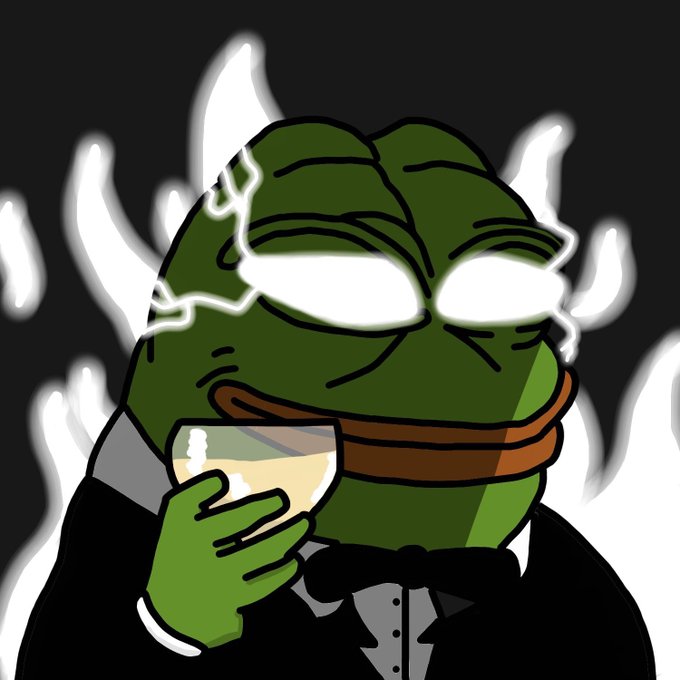 A cartoon Pepe the Frog dressed in a tuxedo with glowing white eyes and a wide grin sips a drink while surrounded by white flames, capturing the "printing money" energy of the post's bullish greeting.