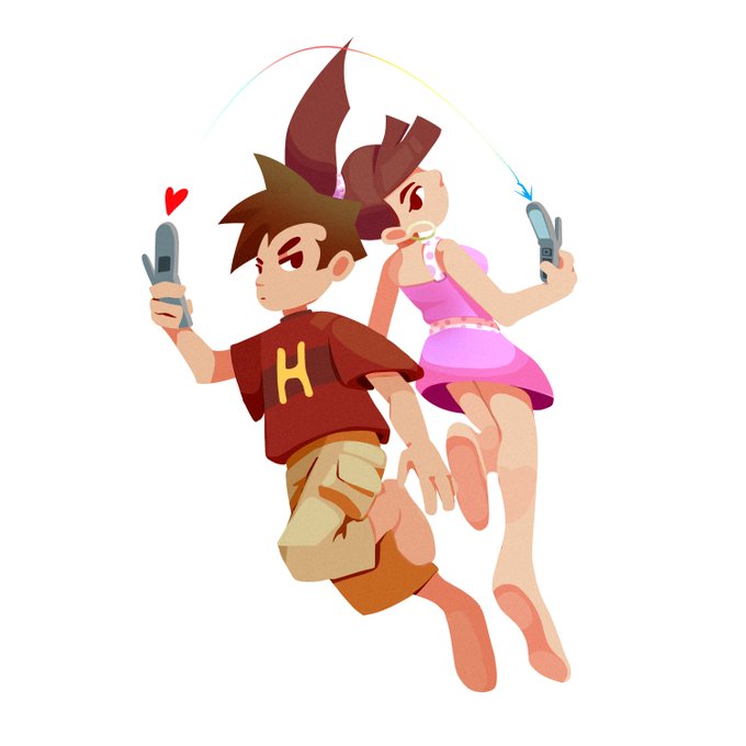 Animated characters of a boy in a red shirt with 'H' and a girl in pink pose holding flip phones connected by a rainbow arc with a small red heart.
