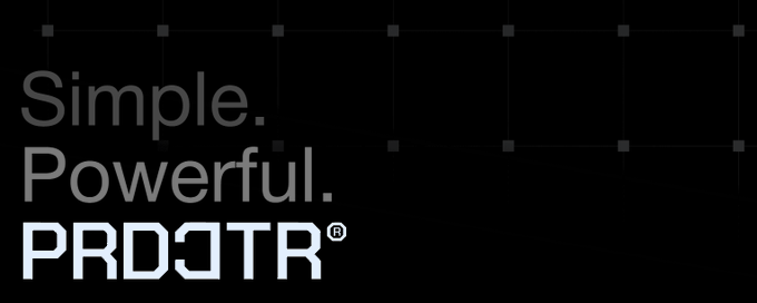 A minimalist graphic displays the text 'Simple. Powerful. PROJTR®' in white and gray against a black background with a subtle grid pattern.