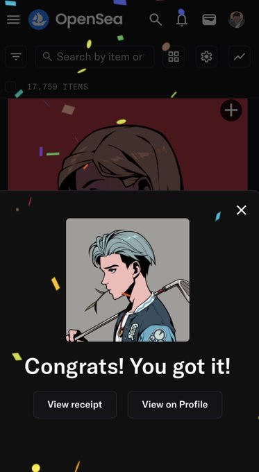 An OpenSea app screenshot displays a confetti celebration with the message 'Congrats! You got it!' alongside an NFT profile picture of a silver-haired anime-style character.