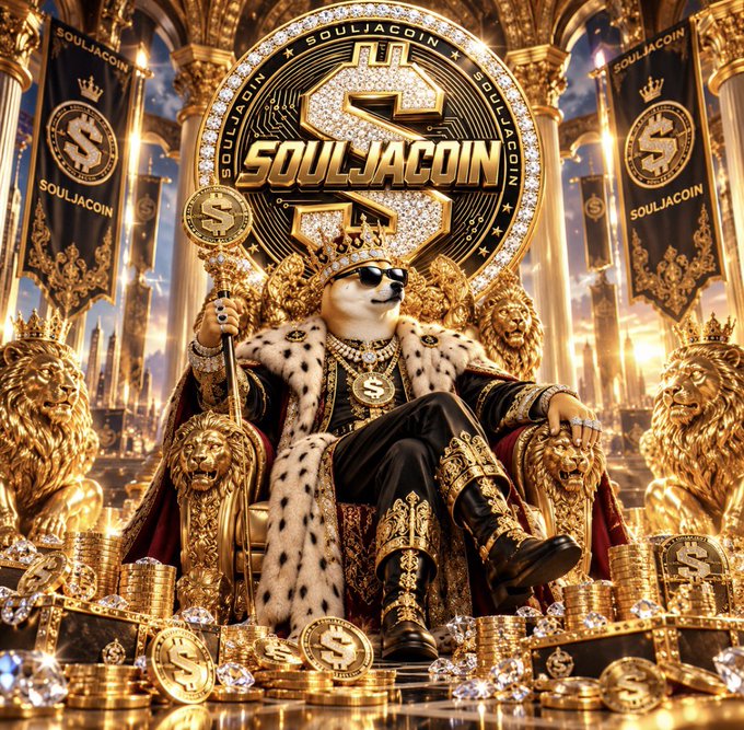 A luxurious AI-generated image featuring a dog wearing sunglasses and gold jewelry sitting on a throne surrounded by gold coins, with 'SOULJACOIN' branding.
