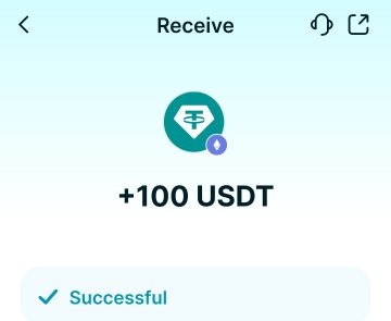 A mobile app screen showing a 'Receive' transaction of '+100 USDT' (Tether cryptocurrency) marked as 'Successful'.