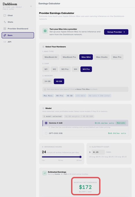 The image displays a screenshot of a computer tab showing various tabs, including a tab for turning a idle mac into a money making machine using darkbloom developers. The screen features information about two providers, with one having their price displayed at $1722.