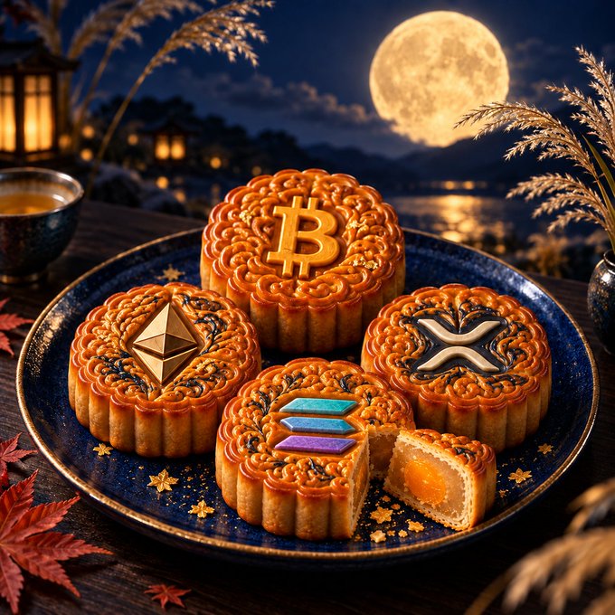 An image of mooncakes decorated with cryptocurrency logos (Bitcoin, Ethereum, XRP, Solana) on a blue plate, set against a night scene with a full moon.