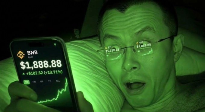 A dramatic, green-lit meme image shows a man looking shocked while holding a smartphone displaying the BNB cryptocurrency price at $1,888.88, with overlay text showing BNB and SUI prices reflected in his glasses.