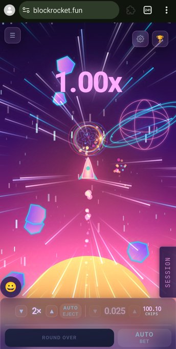 A screenshot of the mobile game 'blockrocket.fun' showing a space-themed gameplay screen with a 1.00x multiplier and a balance of 100.10 chips.