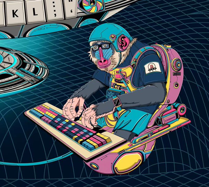 A vibrant digital illustration of a cyberpunk monkey wearing a blue cap and futuristic gear, typing on a colorful mechanical keyboard with floating UI elements.