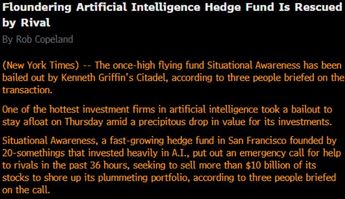 A New York Times article by Rob Copeland reports that Citadel, led by Kenneth Griffin, bailed out the AI-focused hedge fund Situational Awareness, which sought to sell more than $10 billion in stocks to stabilize its portfolio. The caption suggests the post frames the asset decline not as a fundamental AI thesis collapse, but as a coordinated liquidation orchestrated by Citadel to acquire assets at depressed prices.