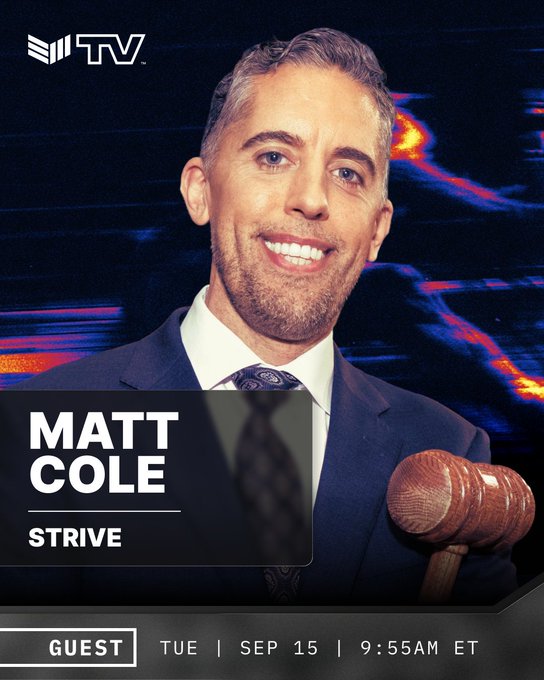 A promotional graphic for BMTV features a smiling man in a dark suit holding a wooden gavel, with text identifying him as "Matt Cole, Strive, Guest, Tue | Sep 15 | 9:55 AM ET" against a colorful blue and orange background. The image supports the announcement that Strive CEO Matt Cole will appear live to discuss his prediction about Strive potentially becoming the second-largest Bitcoin holder by year's end.
