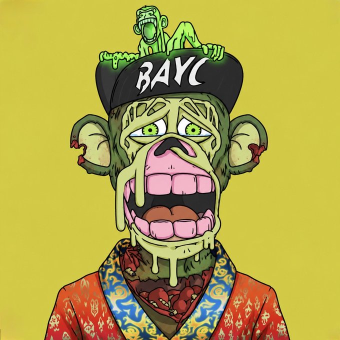 A cartoon illustration of a zombie-like ape wearing a black cap reading 'BAYC' with a smaller ape figure on top, dripping green slime, set against a yellow background.