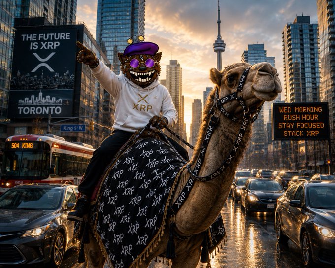 An AI-generated image depicting a figure in a hoodie riding a camel on a busy Toronto street during rush hour, surrounded by cars and a streetcar, with prominent 'XRP' branding on the clothing, camel blanket, and billboards.
