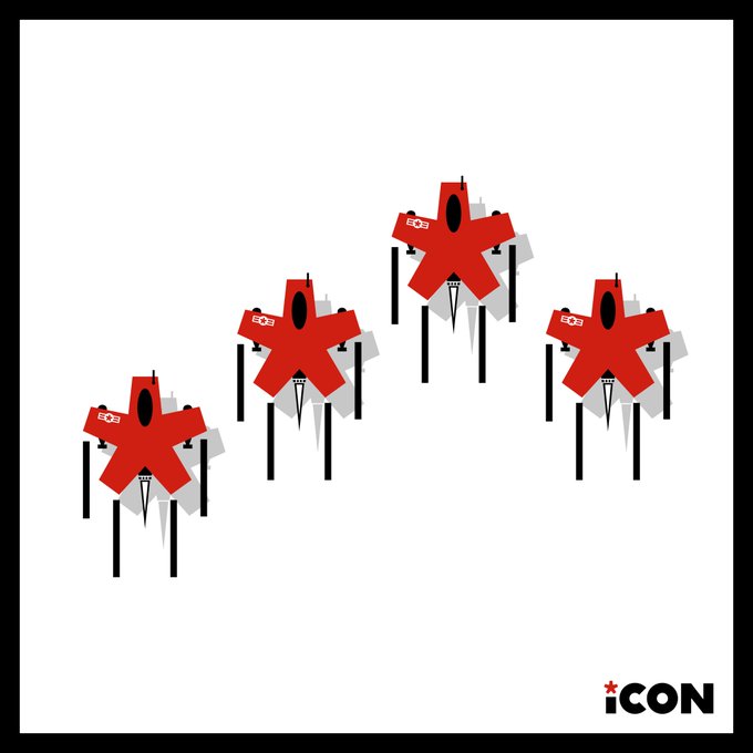 A minimalist graphic design featuring four red star-shaped drone illustrations arranged diagonally with the 'iCON' logo in the bottom right corner.