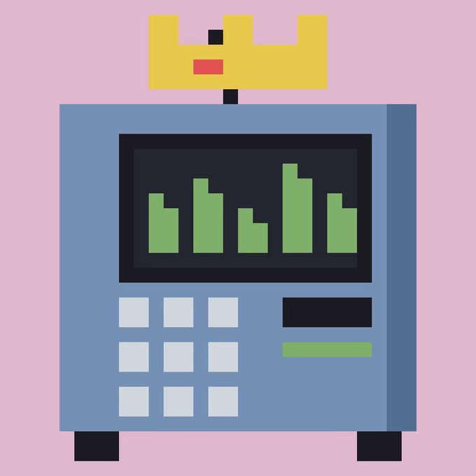 A flat-design illustration of a blue crypto trading machine displays green candlestick bars on its screen and wears a yellow crown on top, set against a pink background. The regal imagery symbolizes the "royal" or impressive nature of HopiumMachines' advanced rug-detecting analytics for Robinhood Crypto swaps, as referenced in the caption.