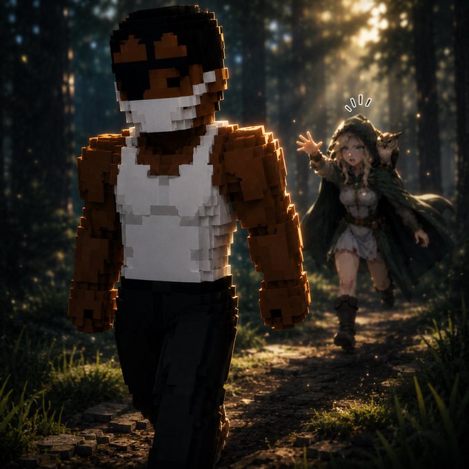 The image features a man wearing a white shirt, black pants, and an eye patch walking down a path through a forest. A woman dressed in green is following him closely behind. The scene takes place during the day under bright sunlight, creating a warm and inviting atmosphere.