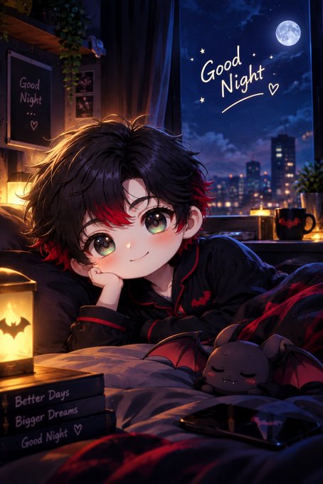 An anime-style digital illustration of a boy with green eyes in dark pajamas, with text reading 'Good Night' in the sky and on books labeled 'Better Days', 'Bigger Dreams', and 'Good Night' beside a small bat creature.