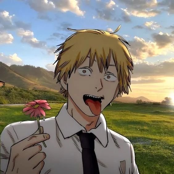 An anime-style illustration of a blonde-haired character with a crazed expression, holding a pink flower in their mouth, set against a grassy field with a sunset sky in the background.