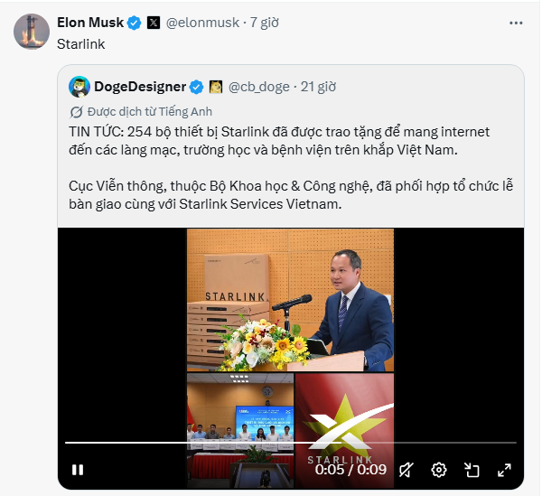 A tweet from Elon Musk (@elonmusk) sharing a DogeDesigner post about 254 Starlink devices donated to bring internet to remote villages, schools, and hospitals across Vietnam.