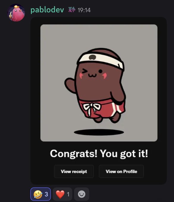 A Discord message from user 'pablodev' showing a cute cartoon character NFT with the text 'Congrats! You got it!' and options to view receipt or profile.