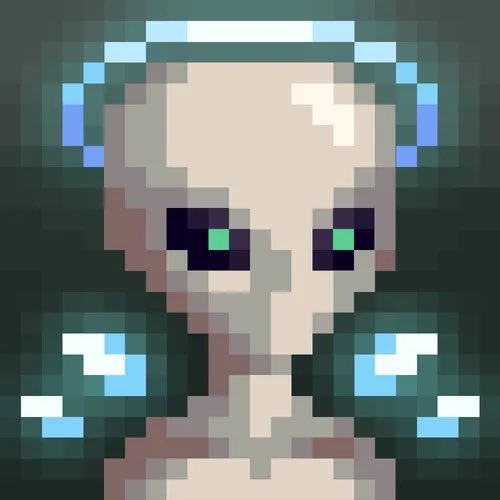 Pixel-art portrait of a pale, bald humanoid character with bright green eyes, surrounded by a dark teal aura with blue-white energy accents.