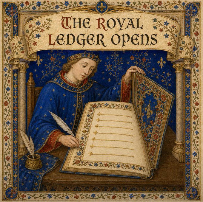 A medieval-style illuminated manuscript illustration shows a crowned figure in royal blue robes writing in an ornate ledger, beneath the banner text "THE ROYAL LEDGER OPENS." The image thematically reinforces the post's announcement of an official, onchain-verified NFT giveaway draw, evoking the regal authority and transparent record-keeping promised by the @DiceAgentRH random selection process.