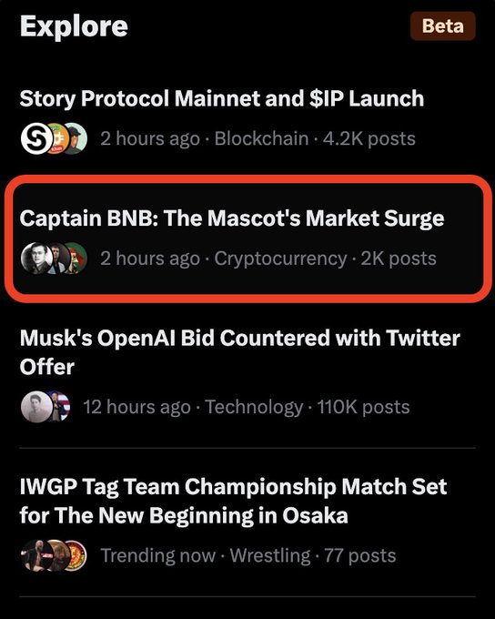 A screenshot of an app's 'Explore' feed with a red box highlighting the trending topic 'Captain BNB: The Mascot's Market Surge' in the Cryptocurrency category.