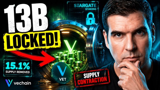 A YouTube-style thumbnail features a man in a thinking pose next to a vault, with bold text reading '13B LOCKED!' and '15.1% SUPPLY REMOVED,' promoting 'STARGATE STAKING' for Vechain (VET) with a 'SUPPLY CONTRACTION' label.