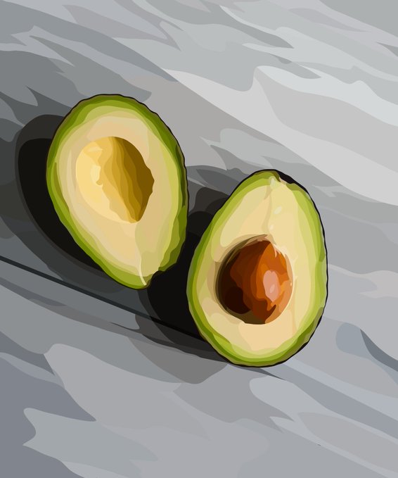 An artistic illustration shows a halved avocado with the pit still in one half, rendered in vibrant green and yellow tones against a gray, draped fabric background.