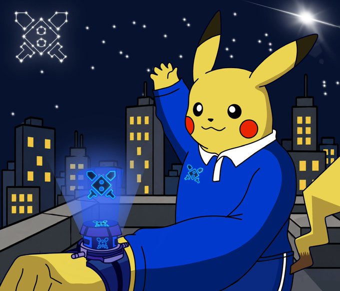 A cartoon Pikachu in a blue tracksuit poses on a nighttime city rooftop, displaying a glowing Solana-logo bracelet while matching Solana-style emblems appear nearby. The image visually supports the post’s playful message: “Drop Solana Wallets Blessing people up in the next few hours It’s time @Duelbits.”