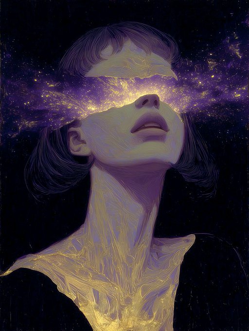 A stylized portrait illustration of a woman with her head tilted back, where her upper face is replaced by a vibrant, glowing purple and gold cosmic galaxy.