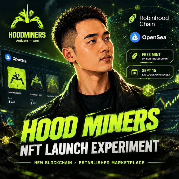 A promotional poster for 'HOODMINERS NFT LAUNCH EXPERIMENT' by Robinhood Chain x OpenSea. It features a man's face overlaid with digital graphics, and includes text such as 'Activate - earn,' 'FREE MINT ON ROBINHOOD CHAIN,' and 'SEPT 15 EXCLUSIVE ON OPENSEA.'
