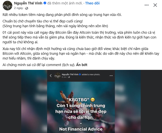 A Vietnamese Facebook post by Nguyễn Thế Vinh discussing Bitcoin and altcoins, with text including “KBGGTBG,” “Còn 1 sóng chỉnh trụng hạn nữa sẽ tới vì thế đẹp cho đài hạn,” and “Not Financial Advice.”