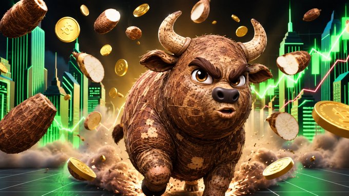 A 3D illustration of a fierce charging bull made of textured brown material with horns, surrounded by flying coins and green stock chart lines in the background.
