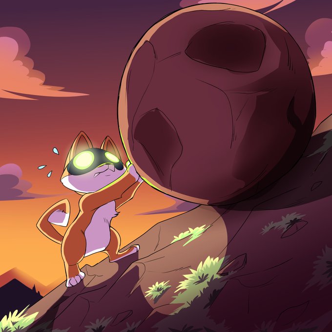 A small cat character wearing glowing yellow goggles pushes a massive boulder up a steep rocky incline, evoking a Sisyphean determination that mirrors the post's message about $AI steadily climbing toward greater milestones. The sunset-lit scene of perseverance aligns with Jensen Huang's quote about using each win as a stepping stone to the next achievement.