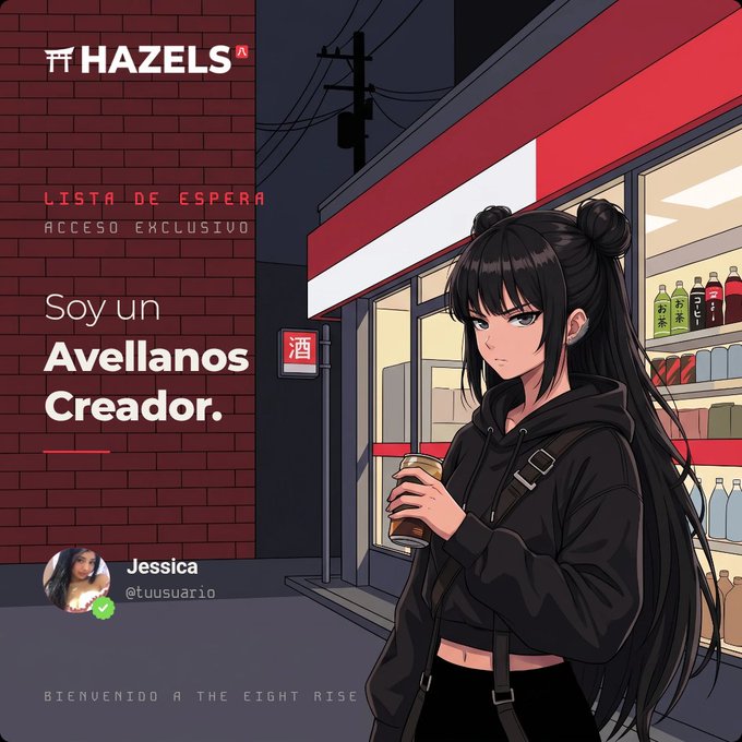 An anime-style illustration of a girl with long black hair in buns holding a drink, with text reading 'HAZELS', 'LISTA DE ESPERA ACCESO EXCLUSIVO', 'Soy un Avellanos Creador', 'Jessica @tuusuario', and 'BIENVENIDO A THE EIGHT RISE'.